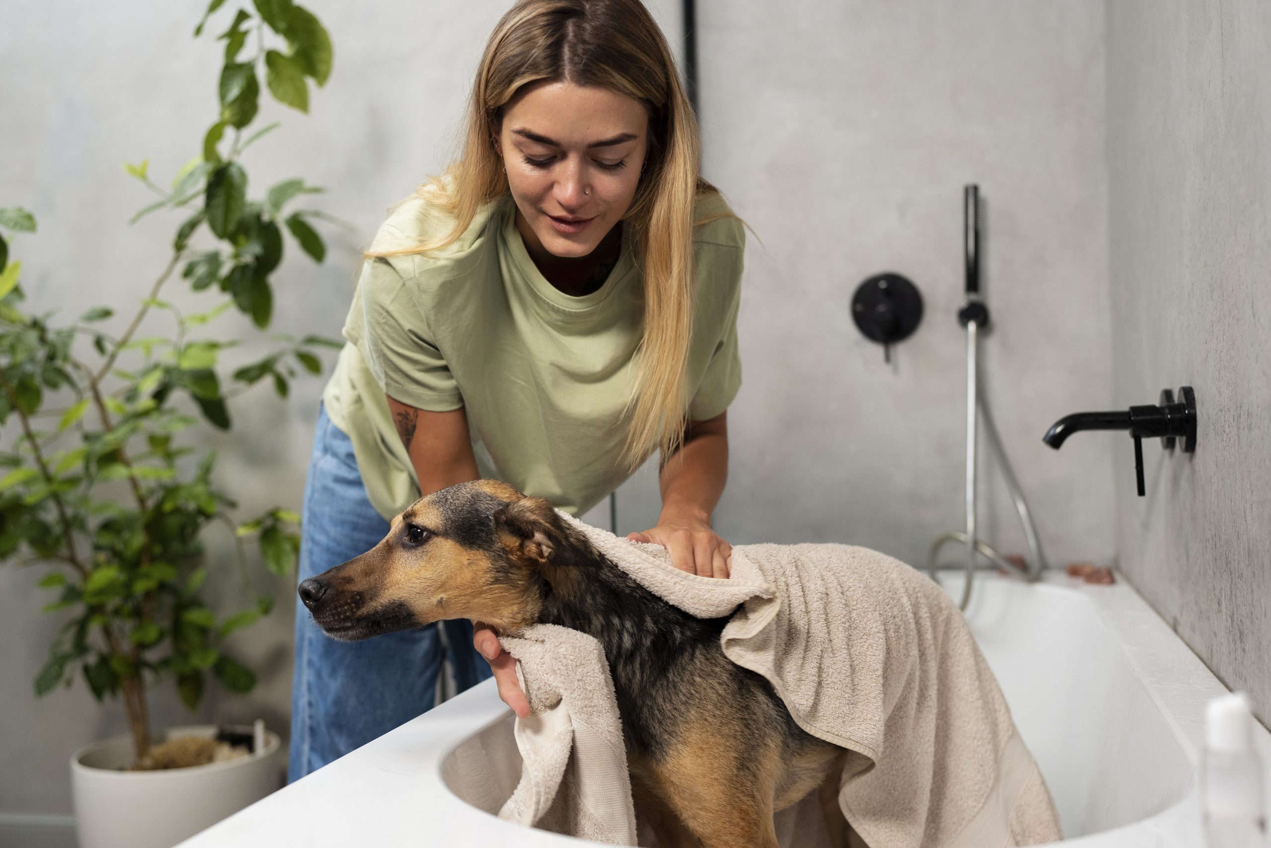 front-view-smiley-woman-washing-dog